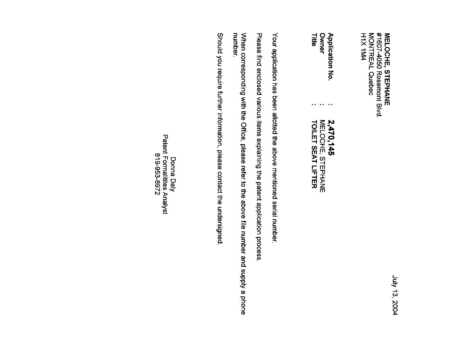 Canadian Patent Document 2470145. Correspondence 20031213. Image 1 of 1