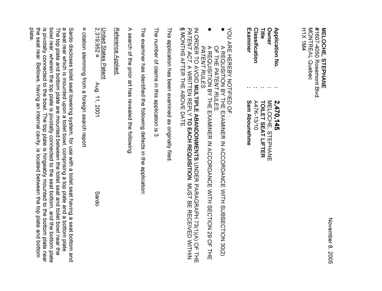 Document de brevet canadien 2470145. Poursuite-Amendment 20051108. Image 1 de 2