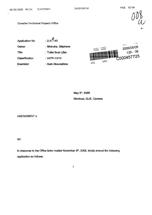 Canadian Patent Document 2470145. Prosecution-Amendment 20051205. Image 1 of 4