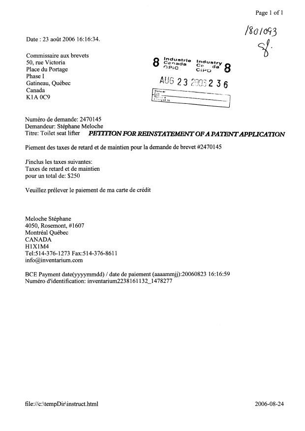 Canadian Patent Document 2470145. Fees 20051223. Image 1 of 1