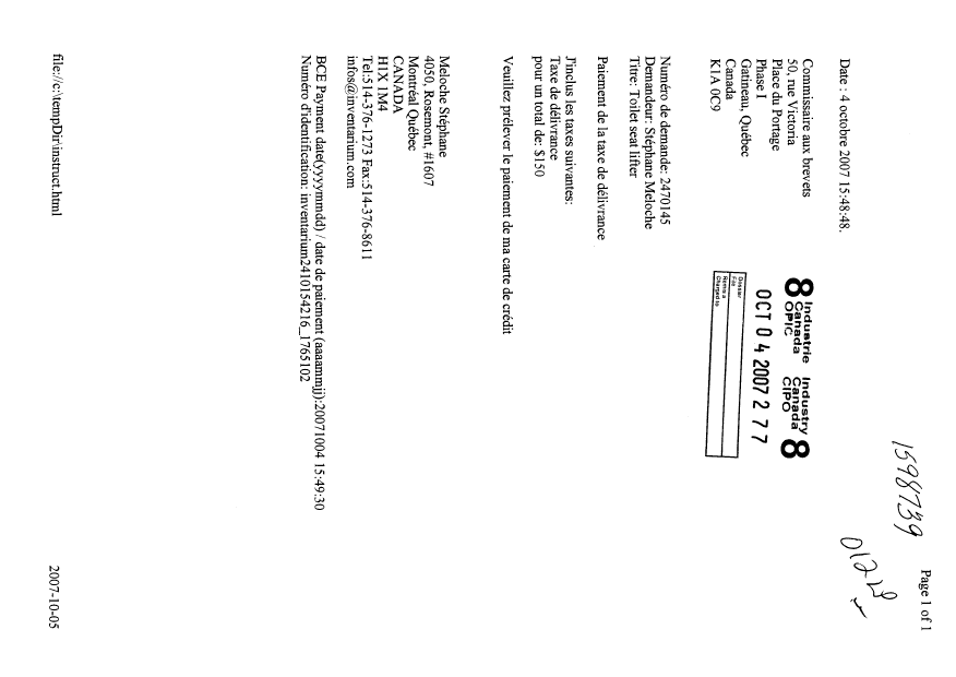 Document de brevet canadien 2470145. Correspondance 20061204. Image 1 de 1