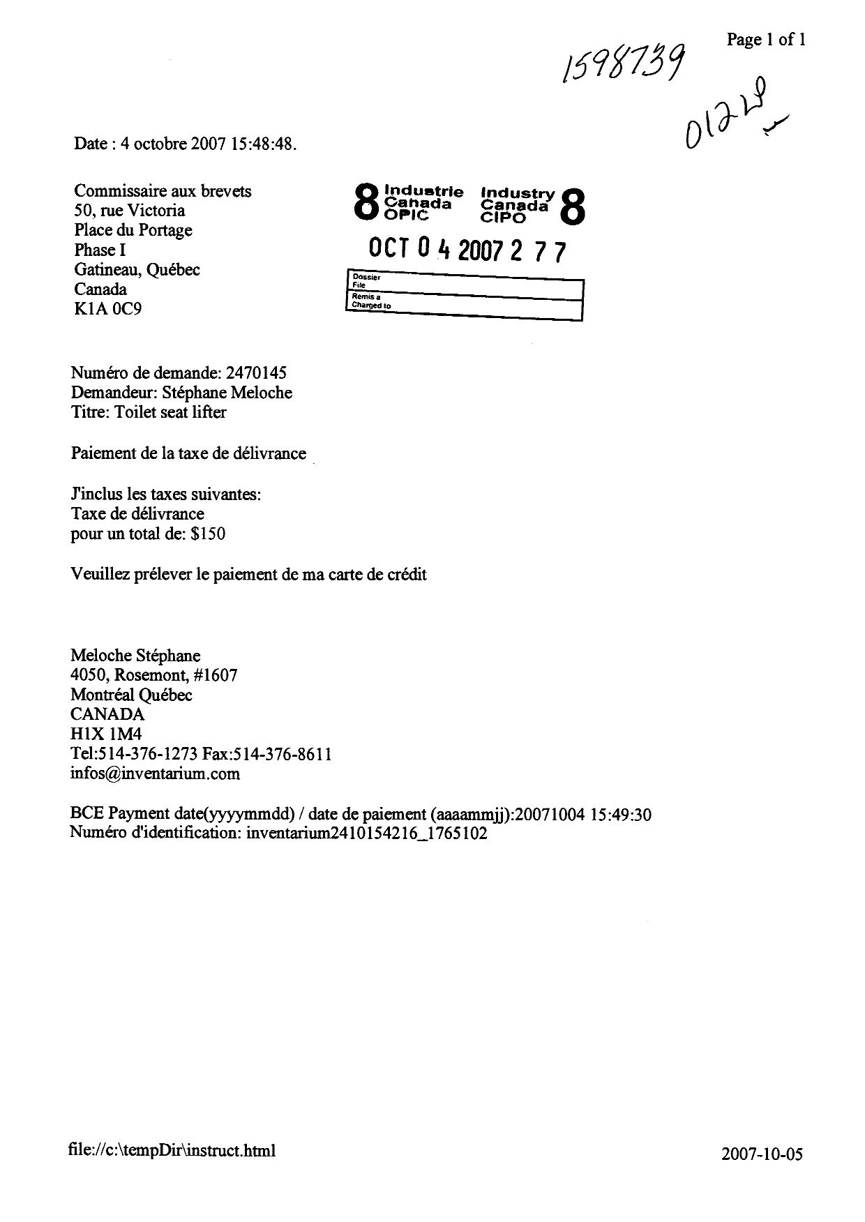 Document de brevet canadien 2470145. Correspondance 20061204. Image 1 de 1