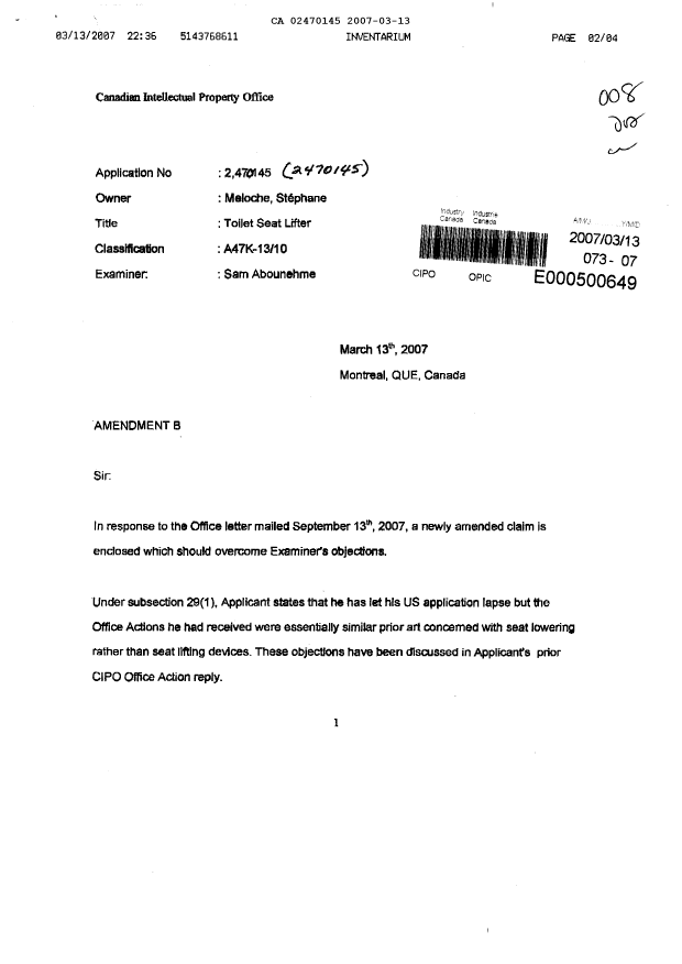 Canadian Patent Document 2470145. Prosecution-Amendment 20070313. Image 1 of 4