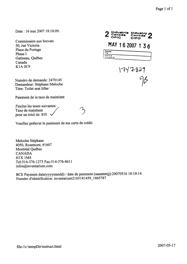 Document de brevet canadien 2470145. Taxes 20070516. Image 1 de 1