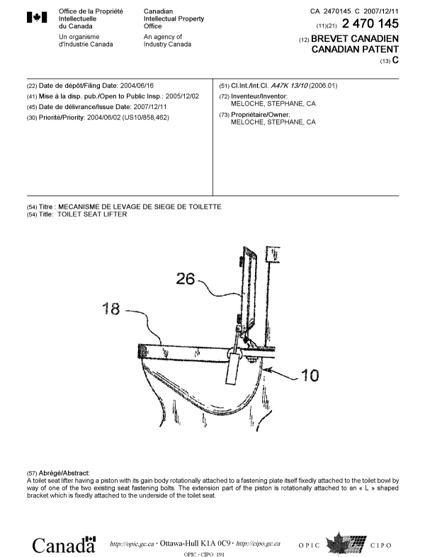 Canadian Patent Document 2470145. Cover Page 20071116. Image 1 of 1