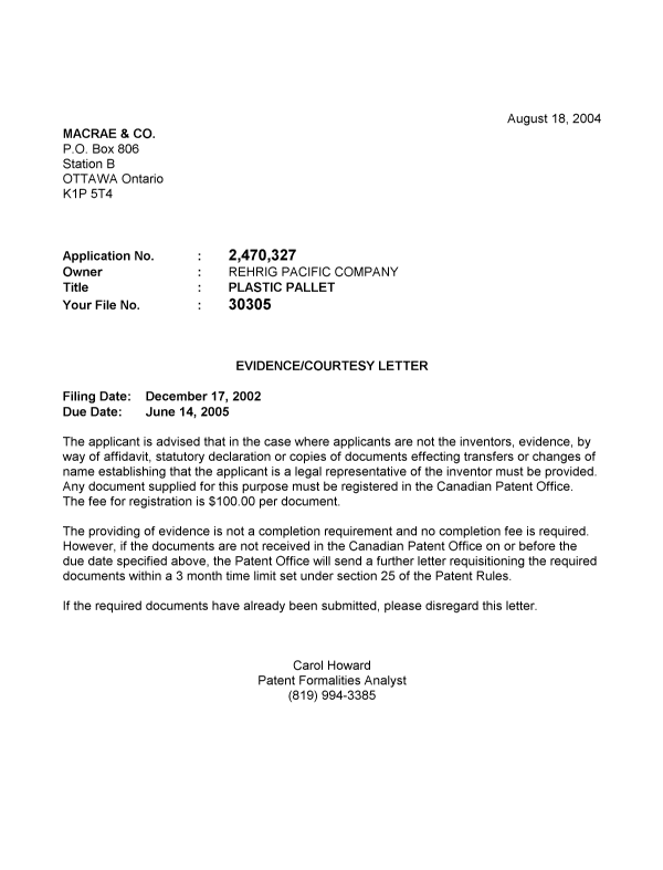 Canadian Patent Document 2470327. Correspondence 20031218. Image 1 of 1