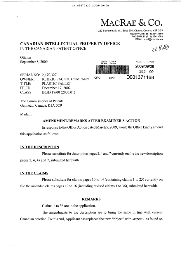 Canadian Patent Document 2470327. Prosecution-Amendment 20081208. Image 1 of 15