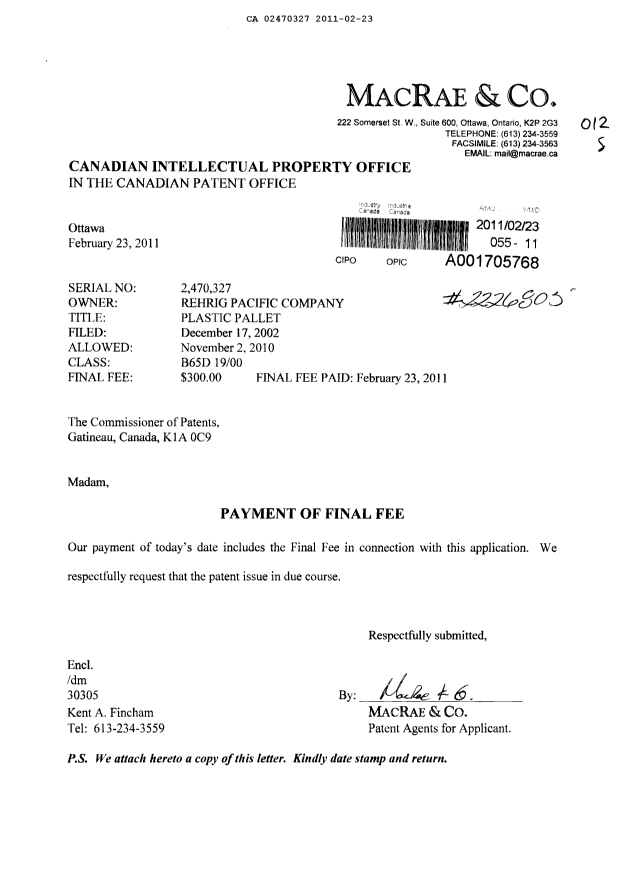 Canadian Patent Document 2470327. Correspondence 20101223. Image 1 of 1