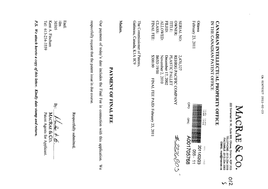 Document de brevet canadien 2470327. Correspondance 20101223. Image 1 de 1