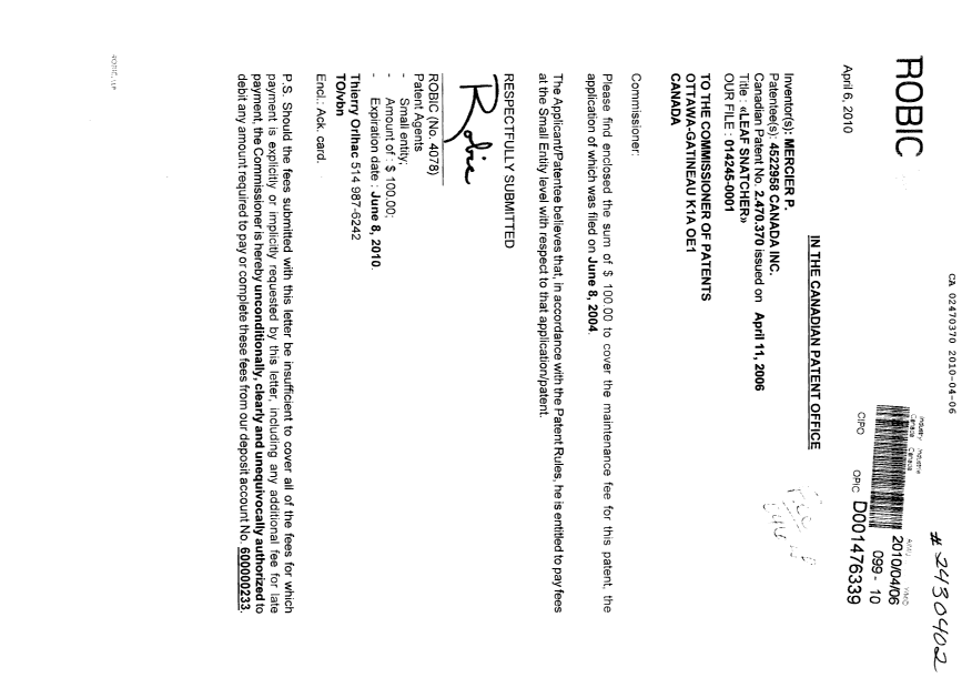 Document de brevet canadien 2470370. Correspondance 20100406. Image 1 de 1