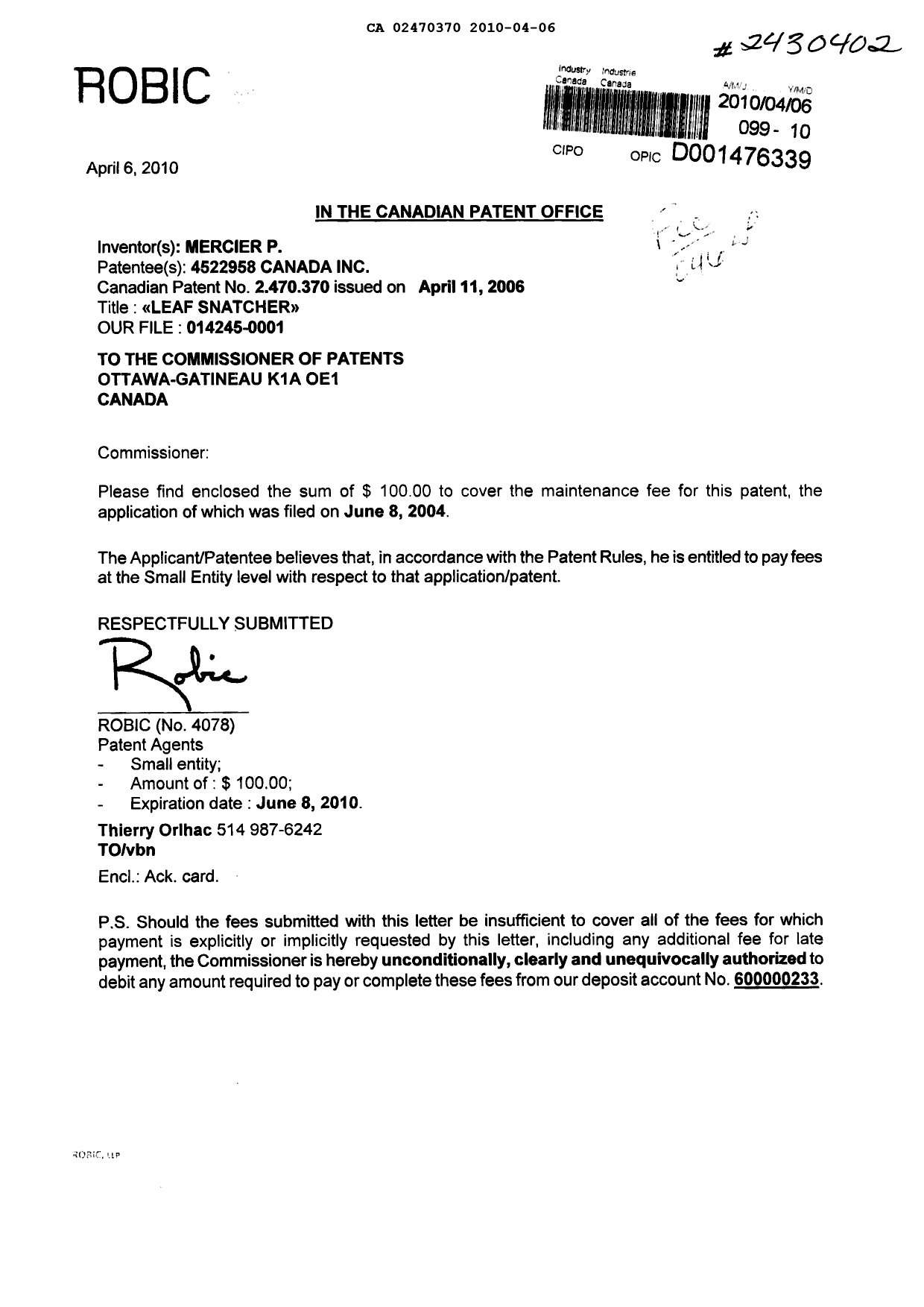Document de brevet canadien 2470370. Correspondance 20100406. Image 1 de 1