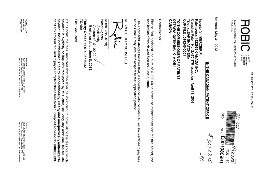 Document de brevet canadien 2470370. Taxes 20120531. Image 1 de 1