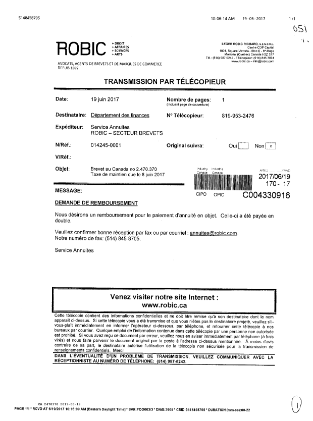 Canadian Patent Document 2470370. Maintenance Fee Correspondence 20170619. Image 1 of 1