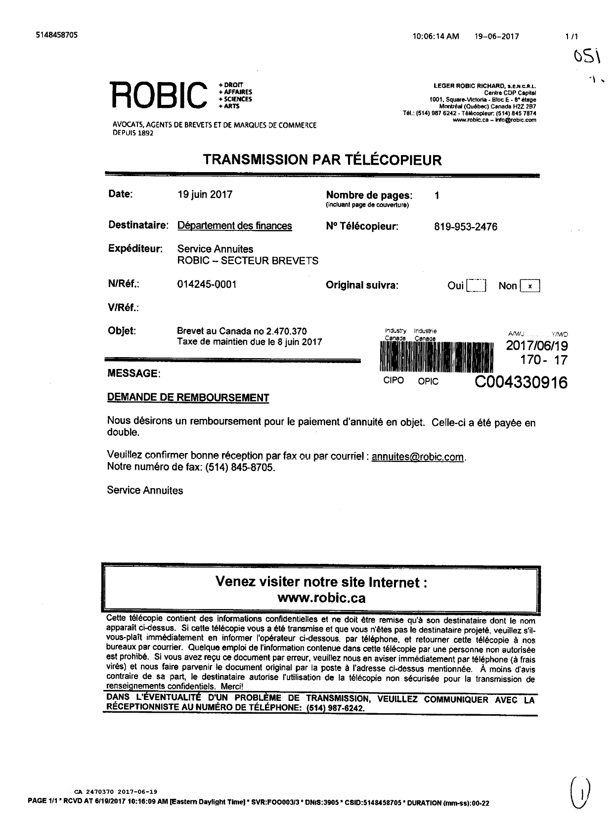 Document de brevet canadien 2470370. Correspondance taxe de maintien 20170619. Image 1 de 1