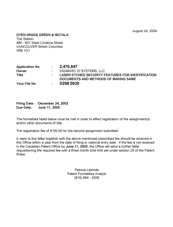 Canadian Patent Document 2470547. Correspondence 20040817. Image 1 of 1