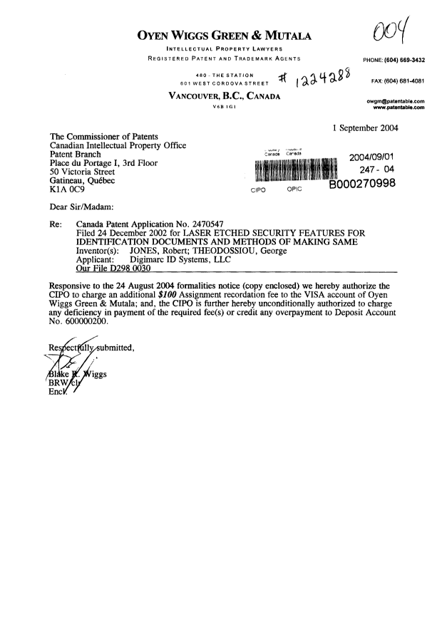 Document de brevet canadien 2470547. Cession 20040901. Image 1 de 2