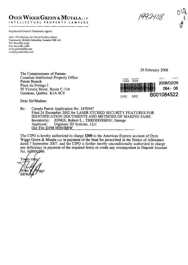 Document de brevet canadien 2470547. Correspondance 20080229. Image 1 de 1