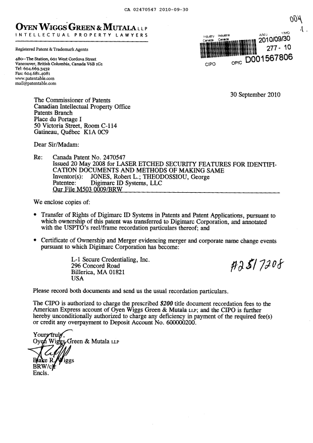 Document de brevet canadien 2470547. Cession 20100930. Image 1 de 16