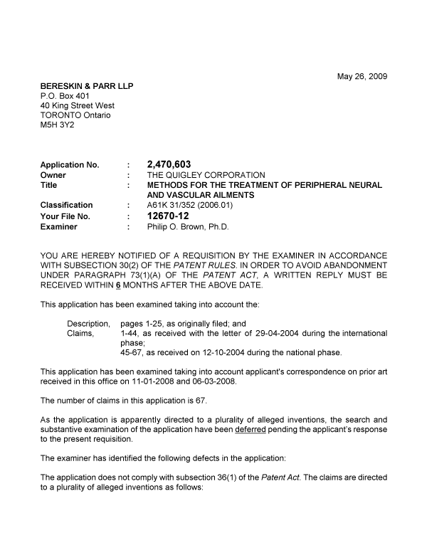 Canadian Patent Document 2470603. Prosecution-Amendment 20090526. Image 1 of 3