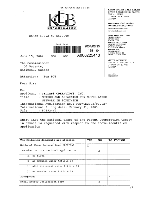 Document de brevet canadien 2470637. Cession 20040615. Image 1 de 6