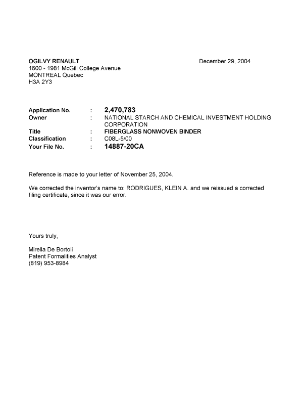Canadian Patent Document 2470783. Correspondence 20041222. Image 1 of 1