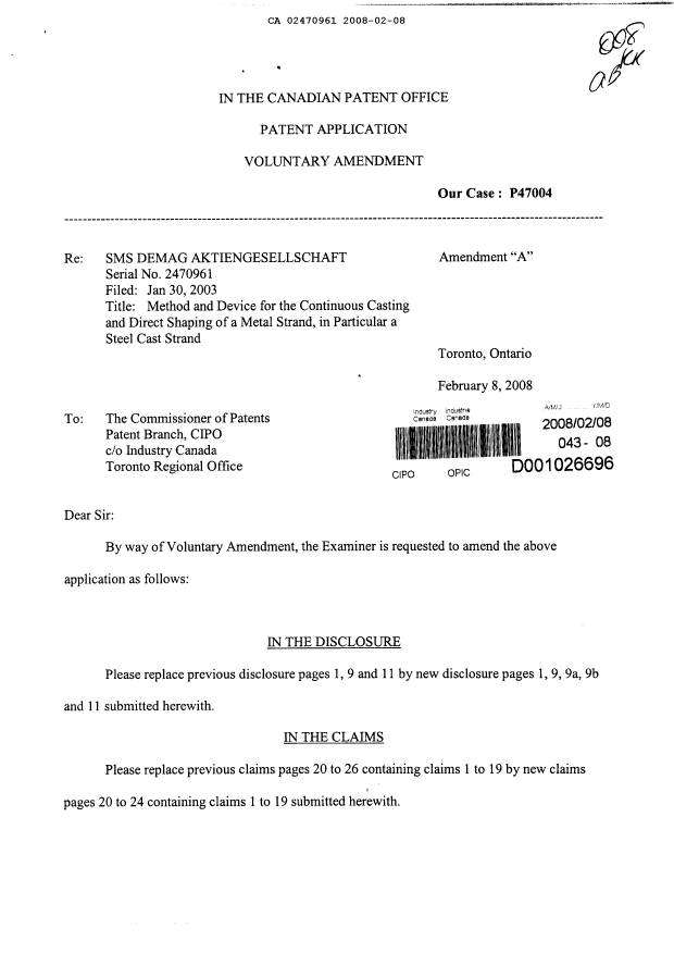 Canadian Patent Document 2470961. Prosecution-Amendment 20080208. Image 1 of 13