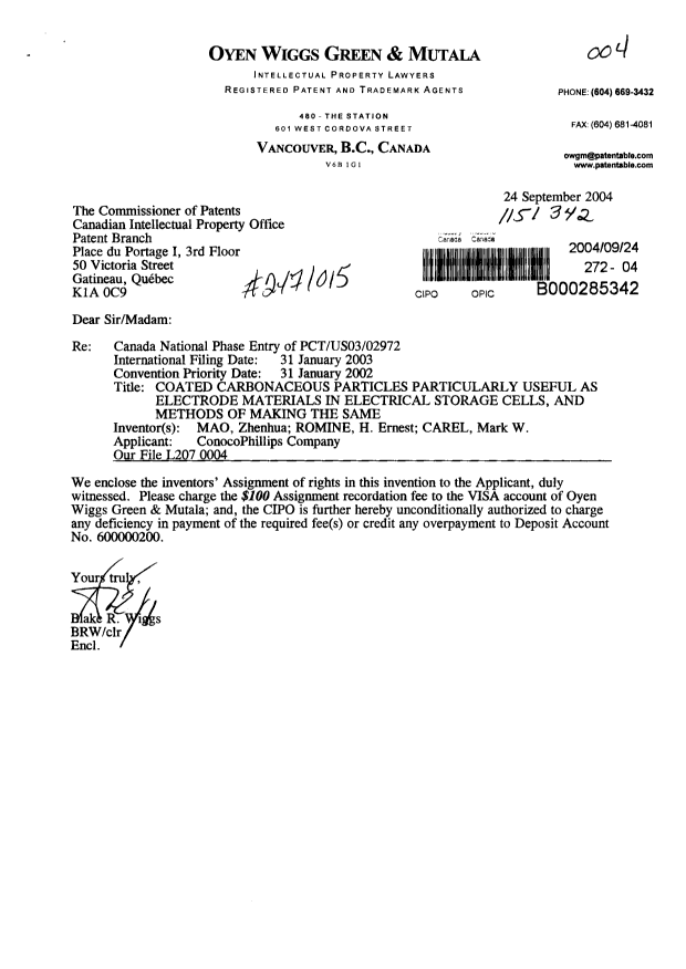 Document de brevet canadien 2471015. Cession 20040924. Image 1 de 2