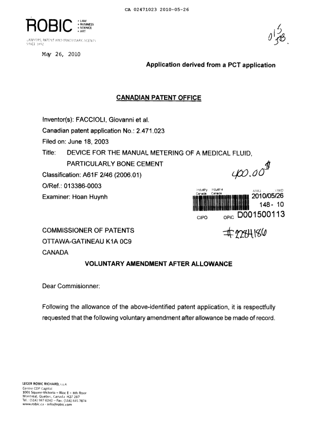 Canadian Patent Document 2471023. Prosecution-Amendment 20100526. Image 1 of 8