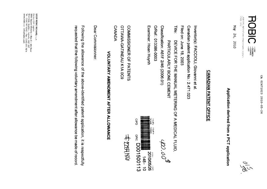 Canadian Patent Document 2471023. Prosecution-Amendment 20100526. Image 1 of 8
