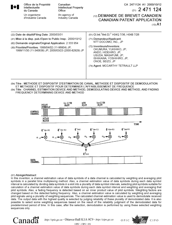 Document de brevet canadien 2471124. Page couverture 20040826. Image 1 de 1
