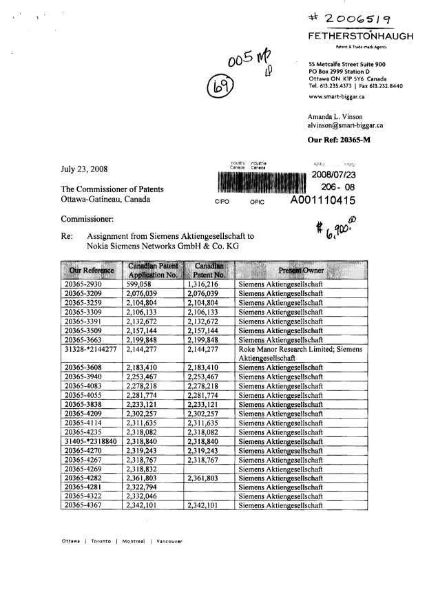 Document de brevet canadien 2471248. Cession 20080723. Image 1 de 8