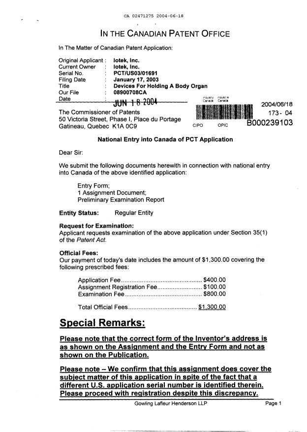 Document de brevet canadien 2471275. Cession 20040618. Image 1 de 7