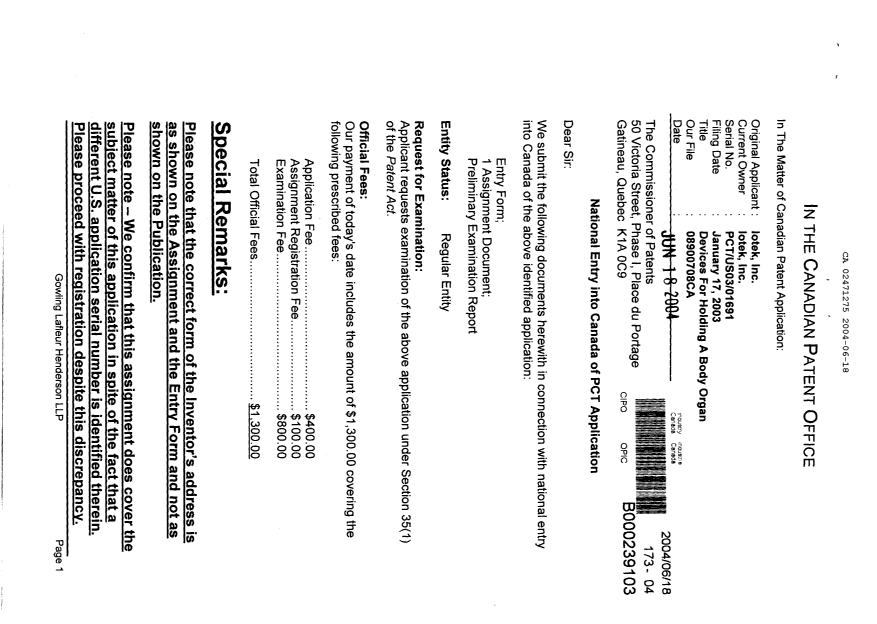 Document de brevet canadien 2471275. Cession 20040618. Image 1 de 7