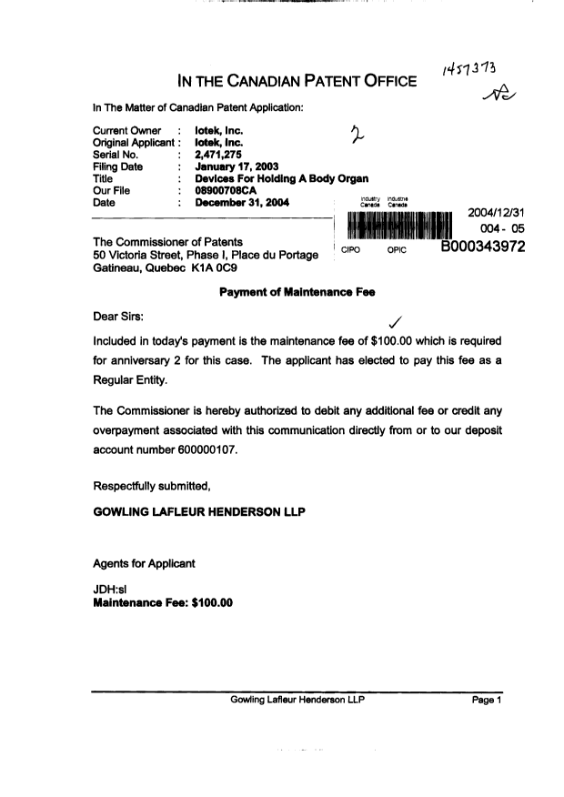 Document de brevet canadien 2471275. Taxes 20041231. Image 1 de 1