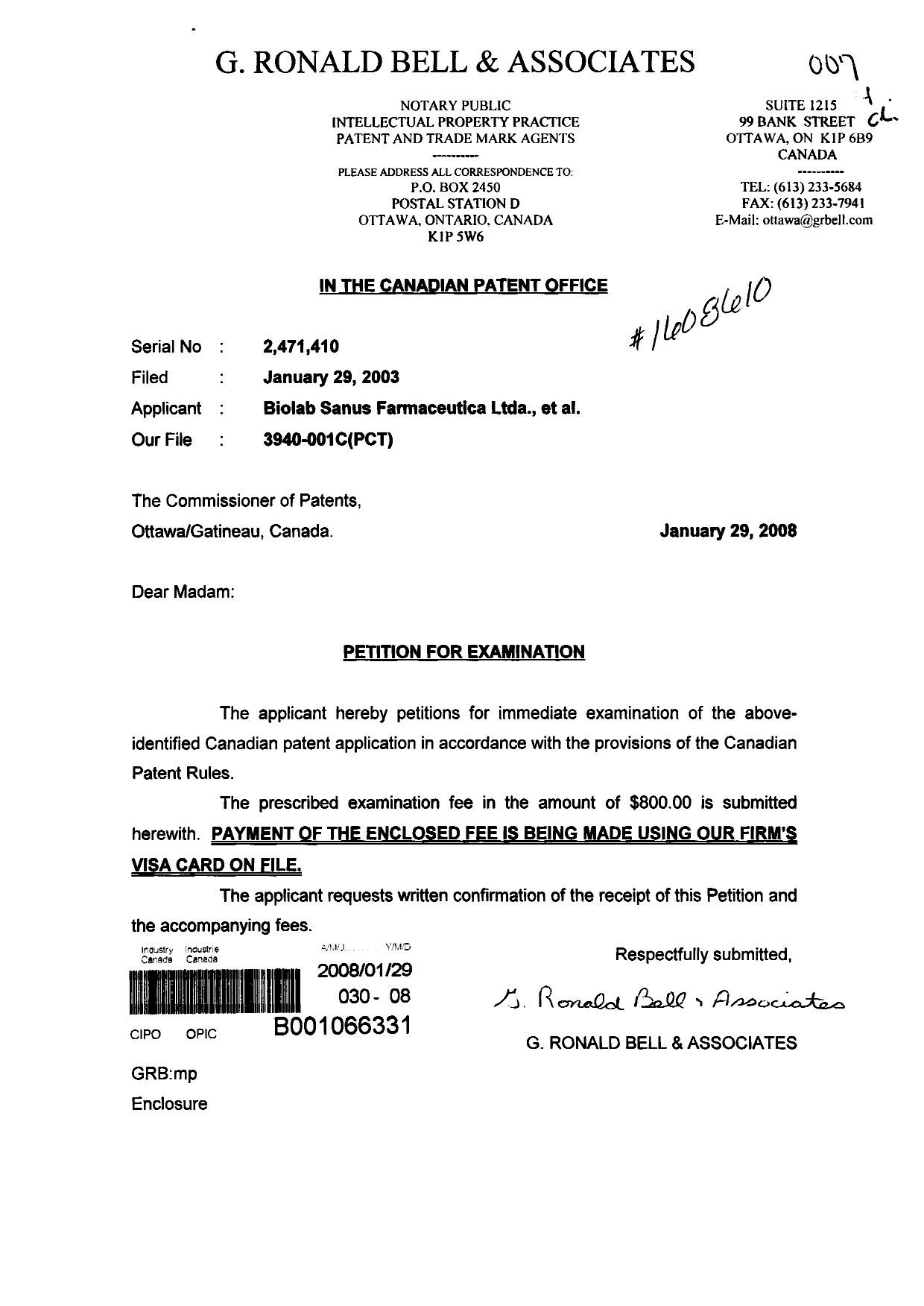 Canadian Patent Document 2471410. Prosecution-Amendment 20080129. Image 1 of 1