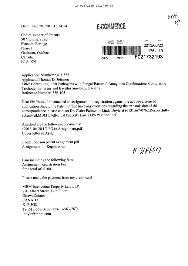 Document de brevet canadien 2471555. Cession 20130620. Image 1 de 7