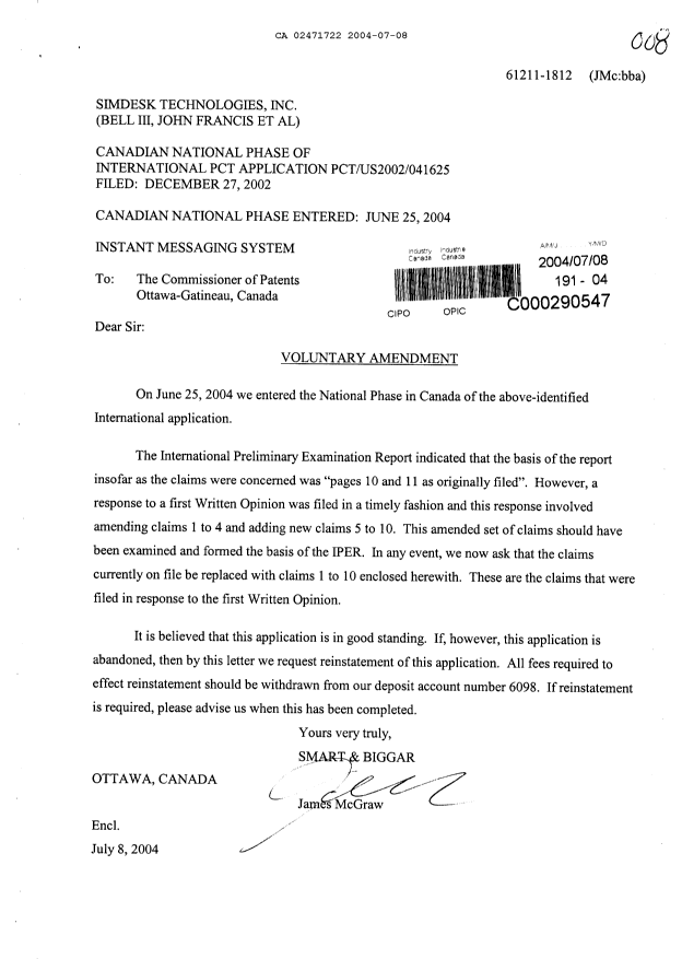 Canadian Patent Document 2471722. Prosecution-Amendment 20040708. Image 1 of 5