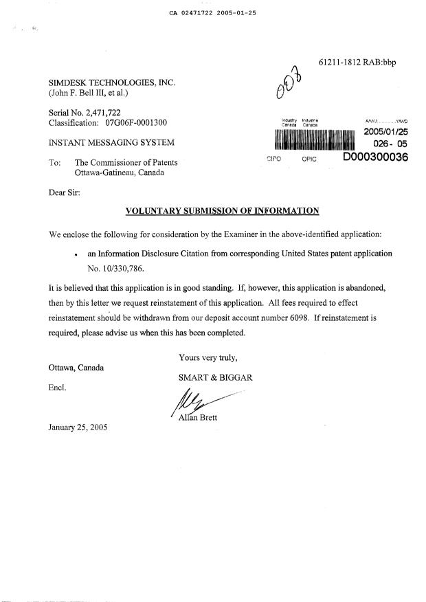 Canadian Patent Document 2471722. Prosecution-Amendment 20050125. Image 1 of 1