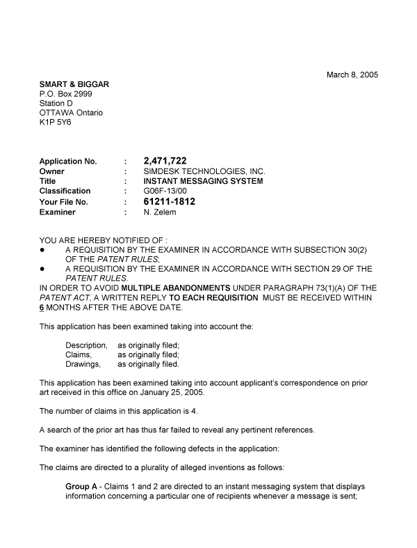 Canadian Patent Document 2471722. Prosecution-Amendment 20050308. Image 1 of 3