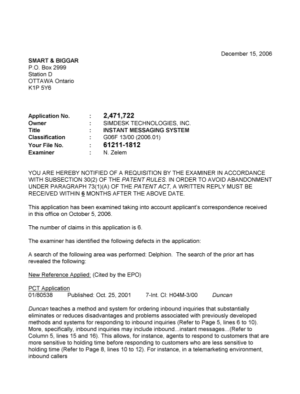 Canadian Patent Document 2471722. Prosecution-Amendment 20061215. Image 1 of 3