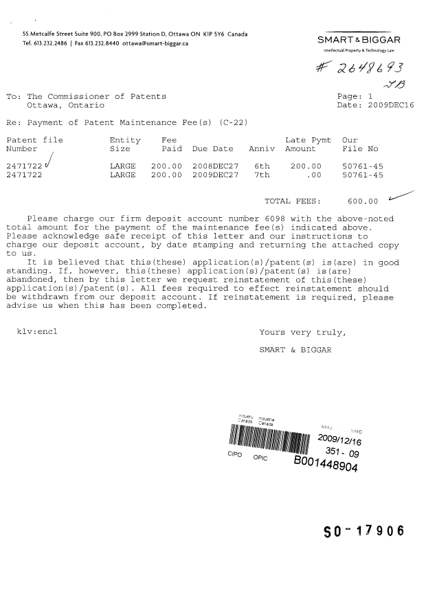 Canadian Patent Document 2471722. Fees 20091216. Image 1 of 2