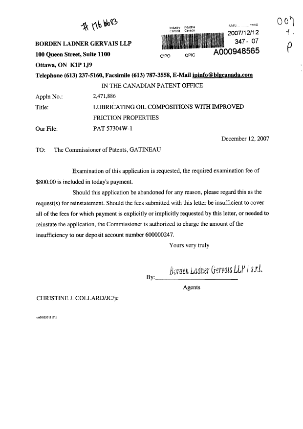 Document de brevet canadien 2471886. Poursuite-Amendment 20071212. Image 1 de 1