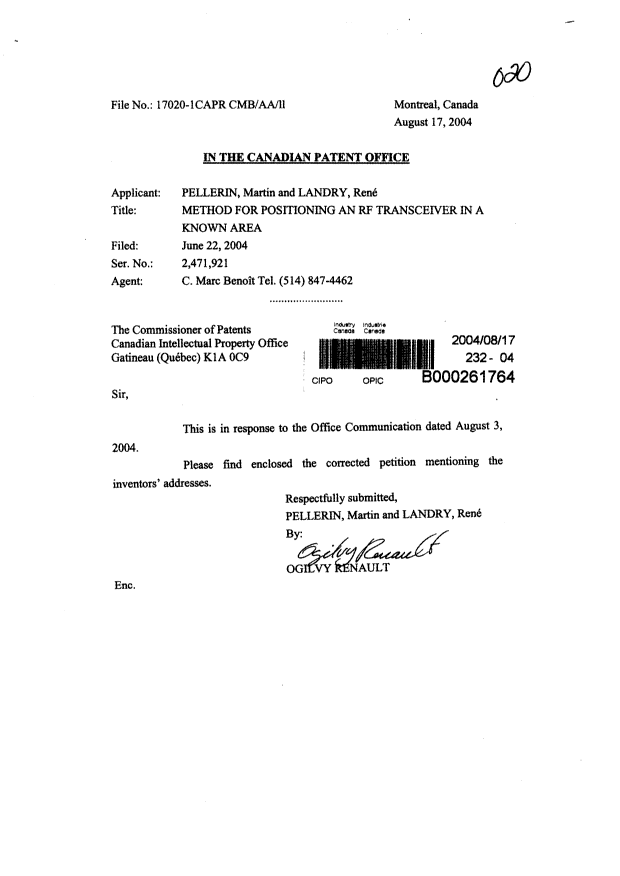 Document de brevet canadien 2471921. Correspondance 20040817. Image 1 de 2