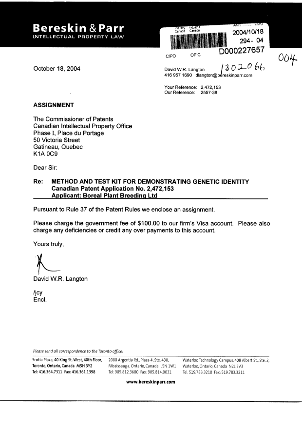 Document de brevet canadien 2472153. Cession 20041018. Image 1 de 2