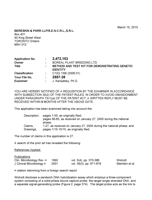 Document de brevet canadien 2472153. Poursuite-Amendment 20100315. Image 1 de 4