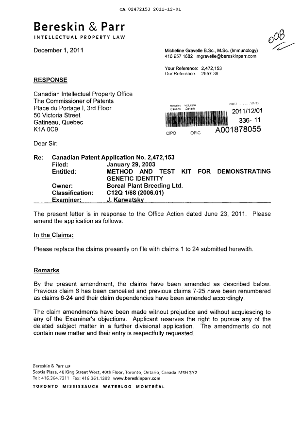 Canadian Patent Document 2472153. Prosecution-Amendment 20111201. Image 1 of 9
