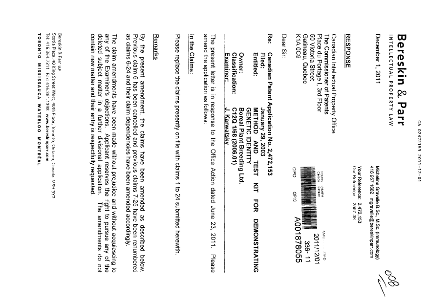 Canadian Patent Document 2472153. Prosecution-Amendment 20111201. Image 1 of 9