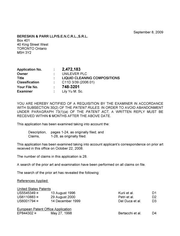 Canadian Patent Document 2472183. Prosecution-Amendment 20090908. Image 1 of 4