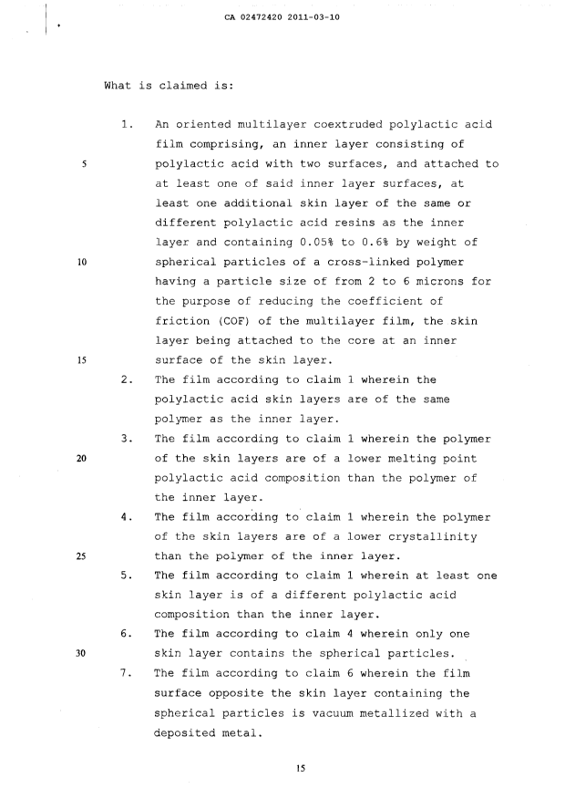 Document de brevet canadien 2472420. Revendications 20110310. Image 1 de 2