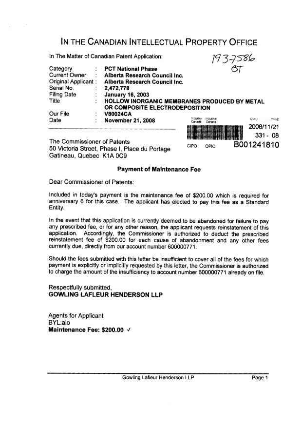 Canadian Patent Document 2472778. Fees 20081121. Image 1 of 1